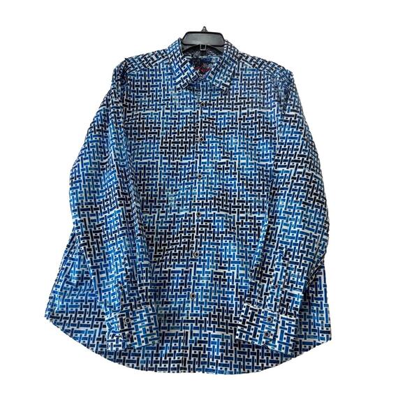 Robert Graham Weasill Geometric Print Shirt Mens Size XXL Blue White Flip Cuff - Picture 3 of 14
